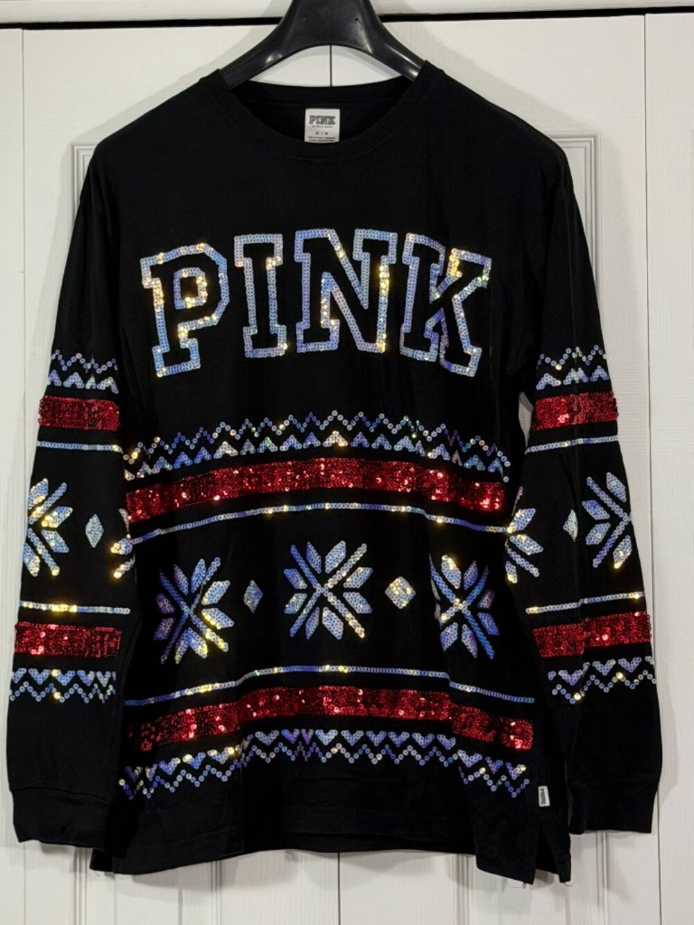 Victoria's Secret PINK Long Sleeve Holiday Bling Campus Tee - Picture 1 of 10